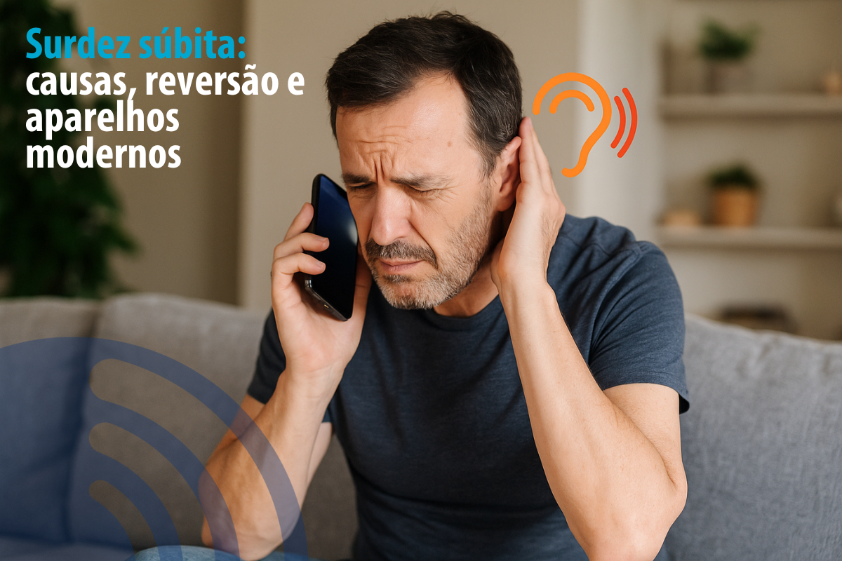Homem afetado por surdez súbita com expressão de desconforto ao tentar ouvir o mensagem no telefone, demonstrando preocupação com a dificuldade auditiva.